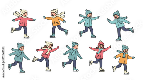 Group of happy children wearing warm winter clothes and scarves are enjoying ice skating together on a cold and snowy seasonal day.