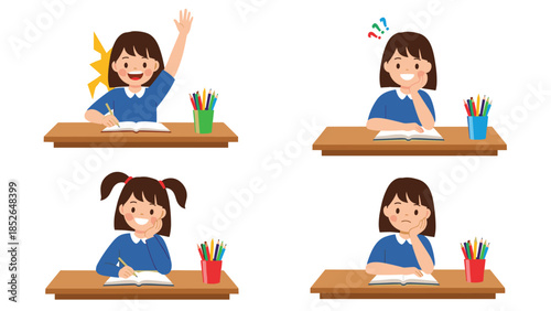 Young schoolgirl is shown in four different classroom situations including raising her hand, thinking, writing, and feeling unhappy.