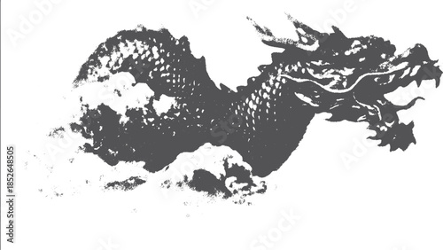 Dragon illustration in black and white. Mythical creature with detailed textures in a fierce and imposing vector design set for visual impact.