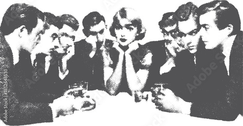 People in a vintage meeting around a table, engaging in serious discussion. Black and white vector illustration captures professional interaction.