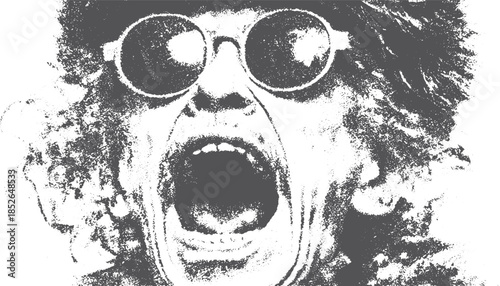 Screaming person with bold expression, showcasing hair and glasses. Monochrome vector illustration with strong contrast and unique details.