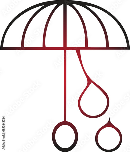 An elegant simplistic graphic illustration of a red umbrella with descending raindrops presented as a vector design on transparent background