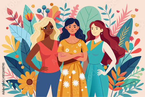 Three diverse young women standing together with confidence, surrounded by colorful leaves and flowers in a cheerful botanical background
