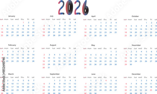 Complete 2026 Annual Calendar Displaying All Twelve Months on a Clean White Background for Personal and Business Planning and Organization