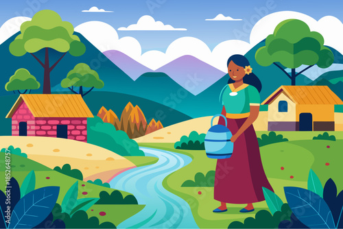 Smiling woman carrying a water bucket in a colorful rural village near a river with mountains and trees in the background