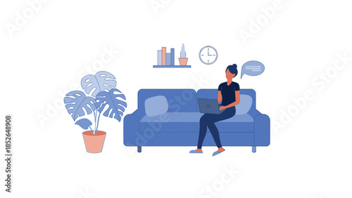 Woman working remotely on laptop from comfortable blue couch at home office