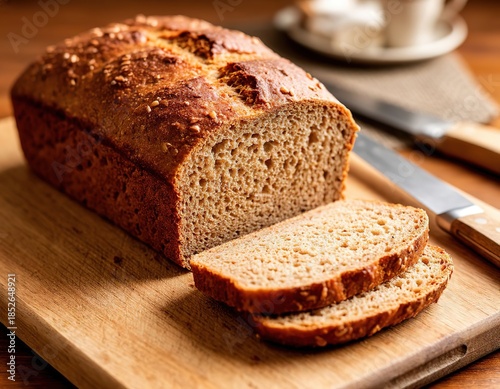 Fresh whole grain bread cut into slices lies in a cutting board and knife.