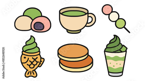 Japanese desserts and green tea sweets collection, matcha treats and snacks