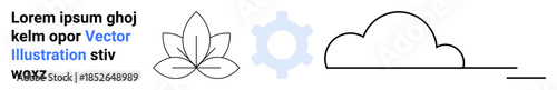 Nature, technology, innovation, eco-concepts, cloud computing, mindfulness. A lotus flower, a gear symbol and a stylized cloud with minimal lines. Nature and technology conceptual