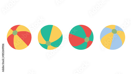 Colorful beach balls in a row on white background, fun summer vibes and playful atmosphere