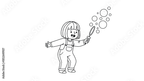 Happy little girl playing with bubbles outdoors in a playful and carefree scene