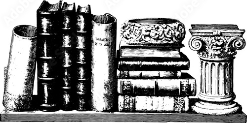 Engraved books and a decorative pillar on a shelf. Antique hand-drawn vector illustration showcasing classic literature and architectural details.