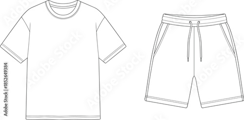Blank t shirt and shorts outline mockup, casual summer apparel set, minimalist fashion technical flat sketch, vector illustration design