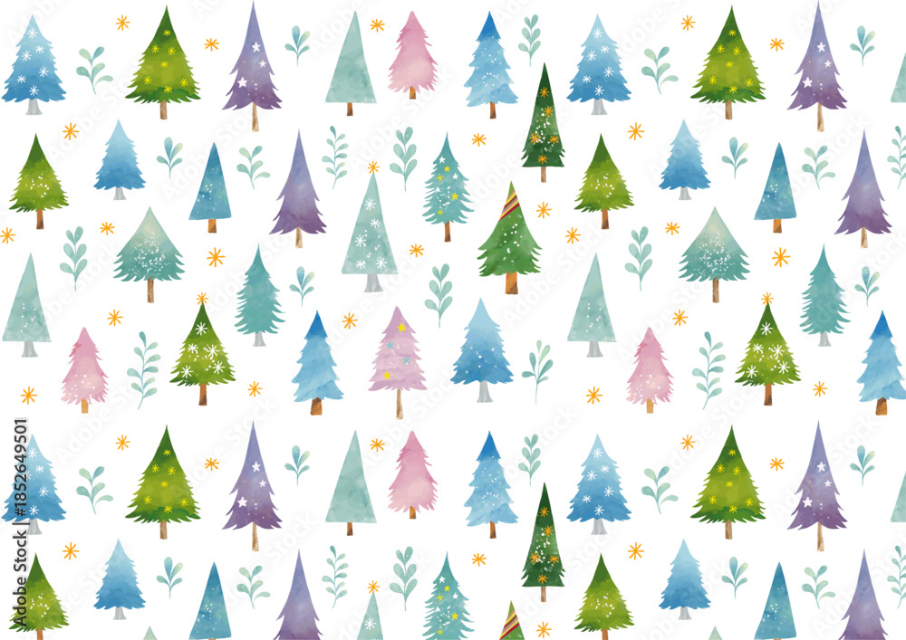 Fototapeta premium 水彩風 かわいい冬の樹々のパターン Winter Series:Watercolor style cute winter tree pattern