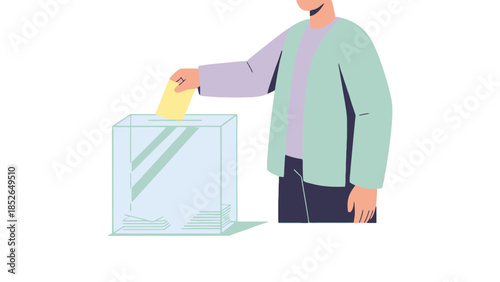 Man casting ballot into transparent voting box in illustration