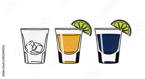 Three Shot Glasses Filled with Ice, Yellow and Blue Liquids, Garnished with Lime