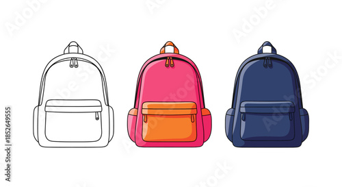 Line art and colored versions of a practical backpack ideal for back to school marketing materials.