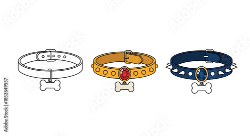 Set of three illustrated dog collars with bone-shaped charms, showcasing different designs and embellishments