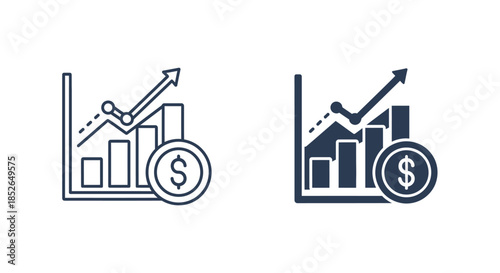 Line and solid icons display ascending financial bar graphs with dollar coins for investment.