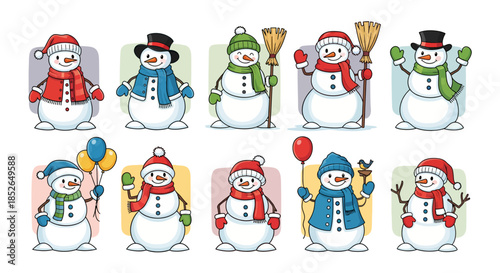Collection of cheerful snowmen wearing hats and scarves, ready for winter fun