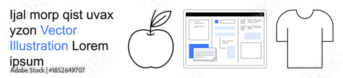 Design, UI, education, branding, ecommerce, and iconography. Outline of an apple, web page layout and a t-shirt. Design and UI concept for educational and branding