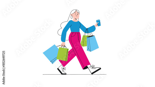 Woman carrying colorful shopping bags and coffee cup walking with happy energetic stride