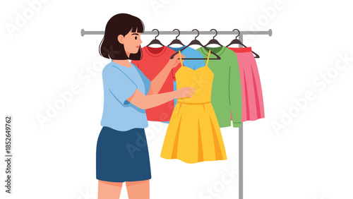 Woman shopping for colorful dresses on a clothing rack in a fashion store