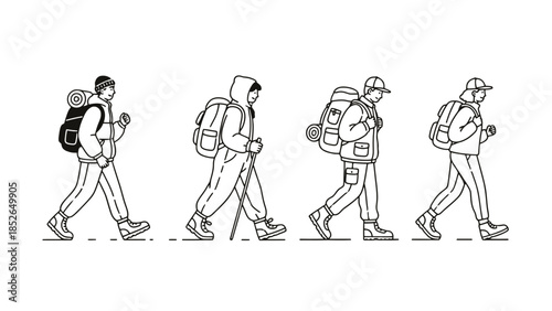 Four hikers walking in a line with backpacks and trekking poles in minimalist style