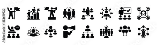 Business leadership and teamwork icons set depicting various aspects of corporate guidance collaboration and success with people reaching goals and communicating strategy