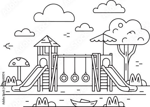 A playful illustration of a kids' playground with swings and slides, perfect for designs needing a fun and carefree atmosphere, evoking a sense of youthful energy and vibrant outdoor recreation.