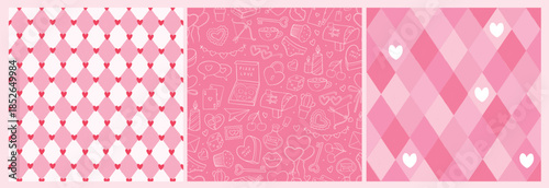 Valentine's day seamless patterns collection with doodles and rhombuses in pink color palette. Good for textile prints, wallpapers, wrapping papers, stationery, backgrounds, etc. EPS 10