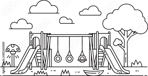 A playful illustration of a kids' playground with swings and slides, perfect for designs needing a fun and carefree atmosphere, evoking a sense of youthful energy and vibrant outdoor recreation.
