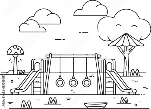 A playful illustration of a kids' playground with swings and slides, perfect for designs needing a fun and carefree atmosphere, evoking a sense of youthful energy and vibrant outdoor recreation.