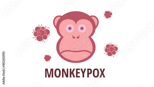 Monkeypox virus cartoon illustration with pink monkey and red rash spots
