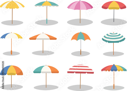 Beach Umbrella Vector Set. Colorful Summer Sunshade Icons Collection
