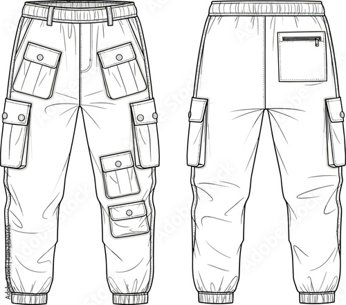 Cargo jogger pants front and back view outline mockup, tactical utility trousers design, casual streetwear vector illustration
