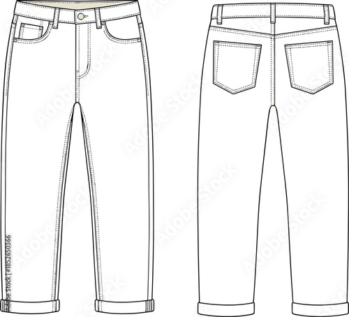 Classic jeans technical drawing, front back views, straight leg denim pants apparel outline vector illustration for fashion design