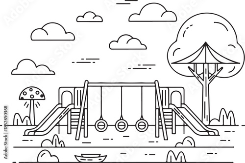 A playful illustration of a kids' playground with swings and slides, perfect for designs needing a fun and carefree atmosphere, evoking a sense of youthful energy and vibrant outdoor recreation.