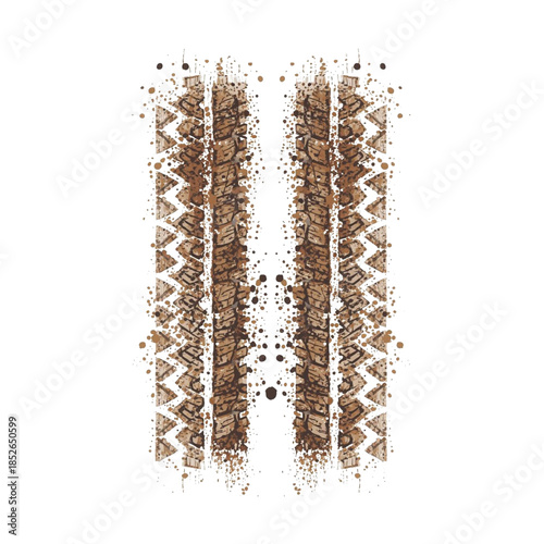 An illustration of two parallel muddy tire tracks with splatters of dirt and grime. The tracks show a deep tread pattern and are isolated on a clean white background.