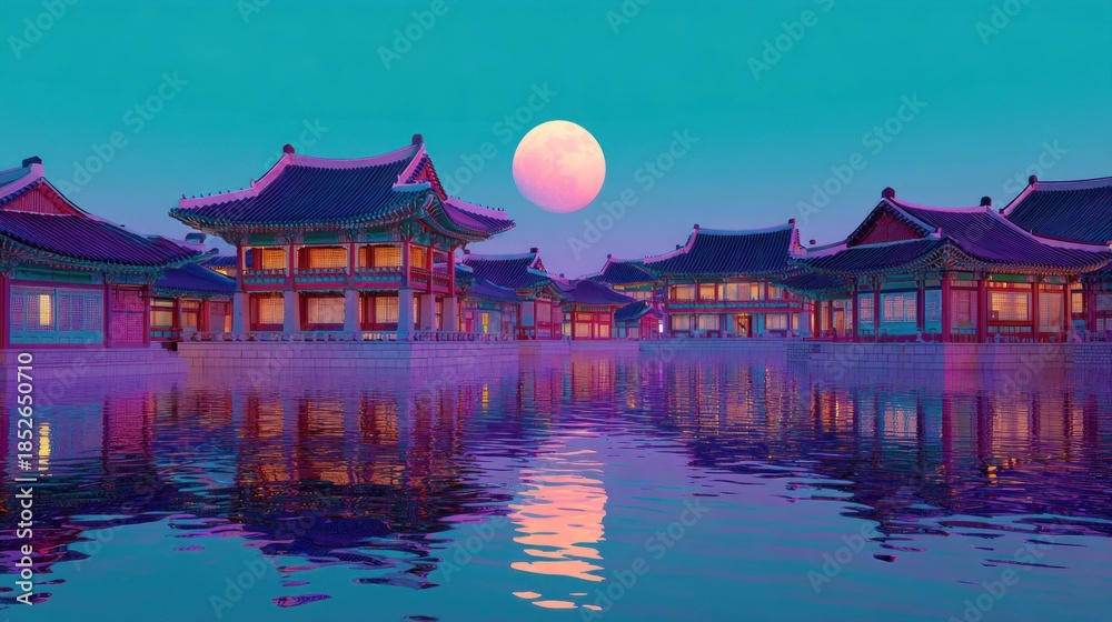 Obraz premium Traditional architecture reflecting in the water under a full moon at dusk