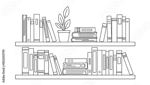 Minimalist bookshelf with books and plant in a simple line drawing style
