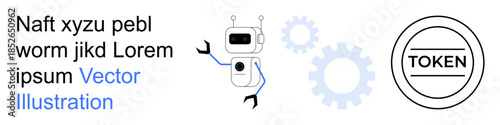 Automation processes, blockchain development, futuristic AI, mechanical engineering, digital certification, conceptual design. a robot, gears and a token. Automation and blockchain illustrated