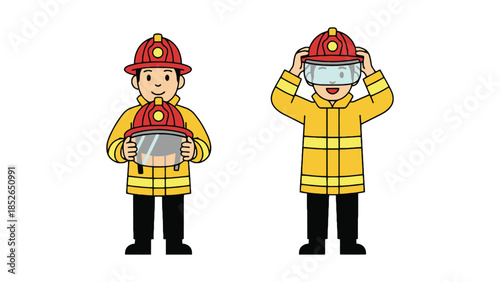 Cartoon fireman in yellow coat and red helmet, smiling and putting on gear