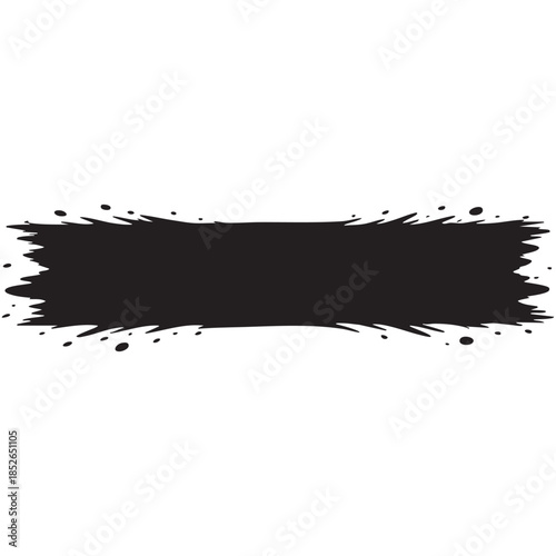 Black ink brush stroke banner with splatter grunge blots and streaks vector illustration on white background