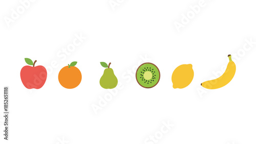Colorful illustration of various fresh fruits including apple, orange, pear, kiwi, lemon, banana