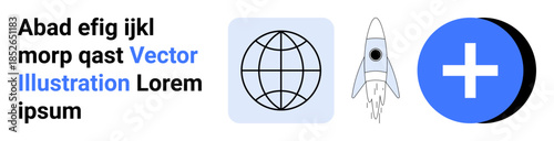 Technology, globalization, healthcare, space exploration, digital tools, innovation. Globe symbol, rocket and medical cross icon. Globalization and healthcare conceptual visuals