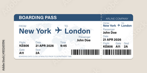 Realistic illustration of airplane ticket boarding pass with passenger name and destination. Concept of travel, journey or business trip.

