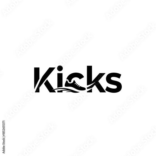 Black and white minimalist logo design featuring the word kicks with a sneaker graphic