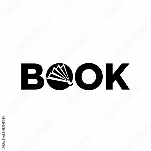 Black and white logo design for the word book with a stylized open book replacing the letter o