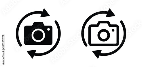 Camera flip icons featuring photo camera image rotating clockwise and counterclockwise arrow cycle in black and white vector illustration for photo editing and transformation